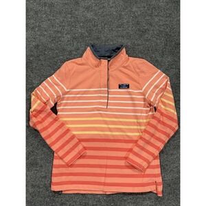 L.L. Bean Polo Shirt Womens Small Orange Stripe Long Sleeve Chambray Pullover